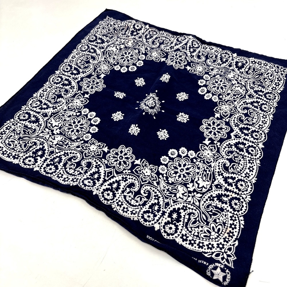 Vintage Navy Blue Bandana Paisley 100% Cotton Handkerchief‎ Made in USA RN 15187